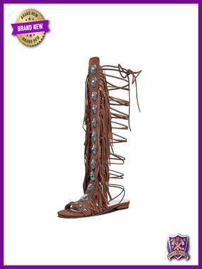 Boho Fringe Gladiator Sandals Turquoise Studs Knee-High Lace-Up Flat Summer